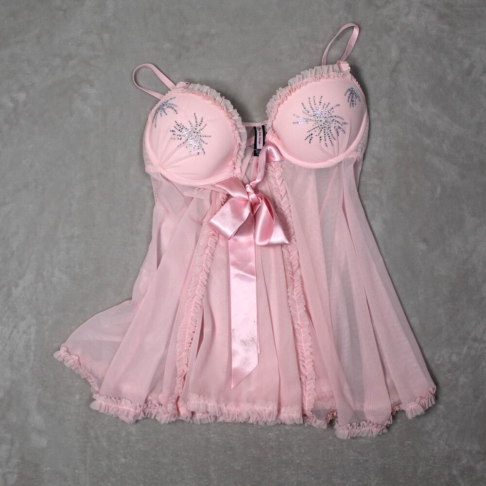 Victoria Secret Sexy Little Things Babydoll Lingerie Womens 36 C Pink Rhinestone